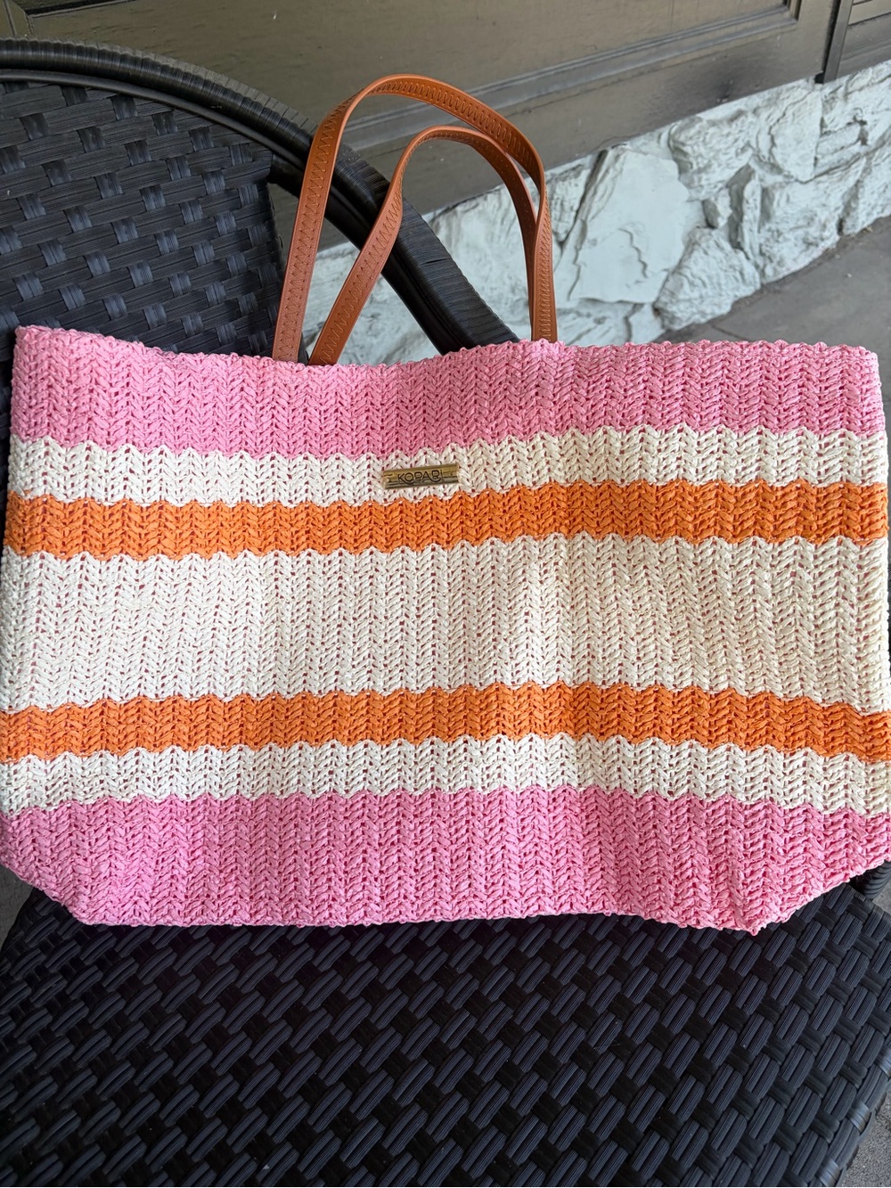 Kopari Pink, Orange & Cream Woven Tote with Brown Handles